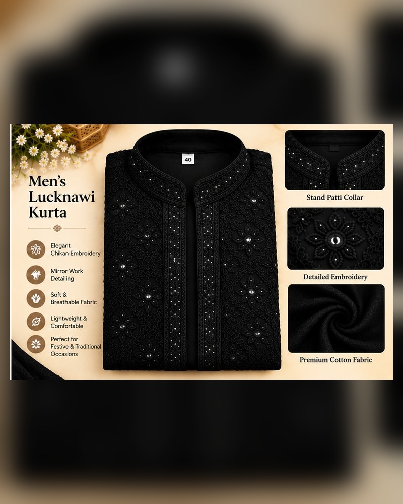 Black Lucknawi Stand-Collar Kurta