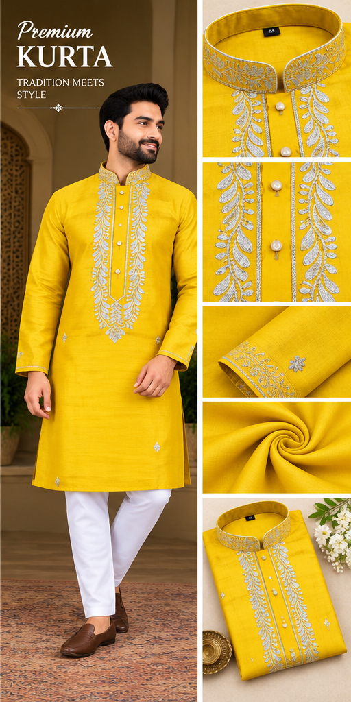 Yellow Silver Embroidered Kurta