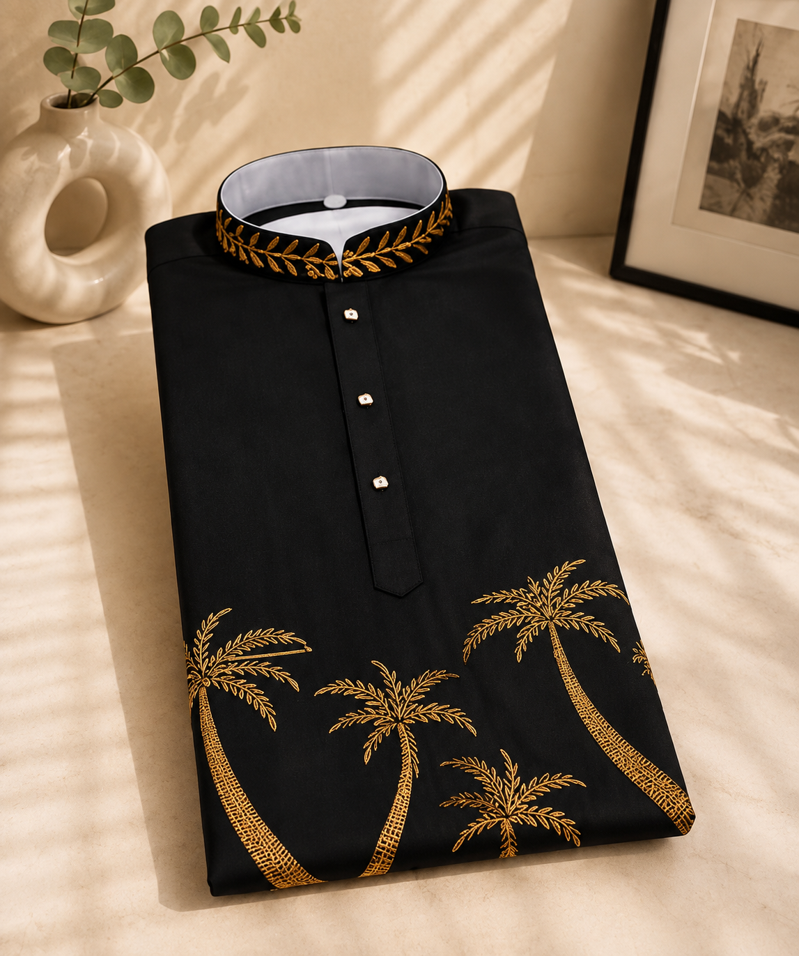 Black gold palm embroidered kurta