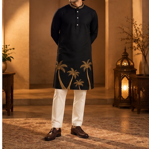 Black gold palm embroidered kurta model view